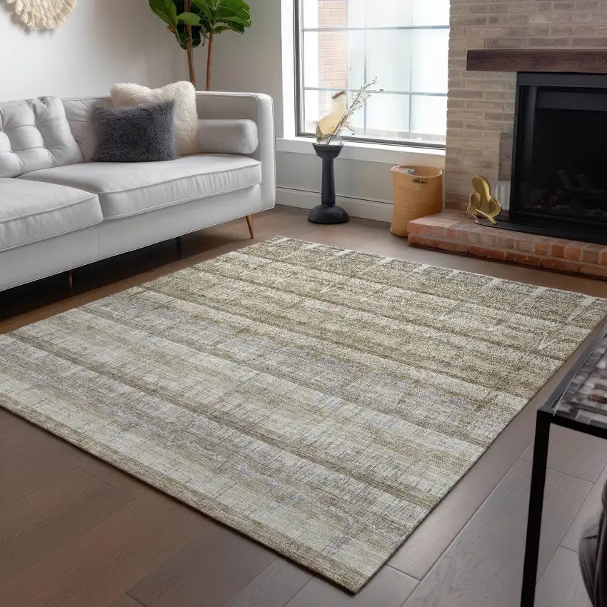 Taupe Gray And Beige Striped Washable Indoor Outdoor Area Rug Photo 7