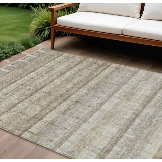 Taupe Gray And Beige Striped Washable Indoor Outdoor Area Rug Photo 1