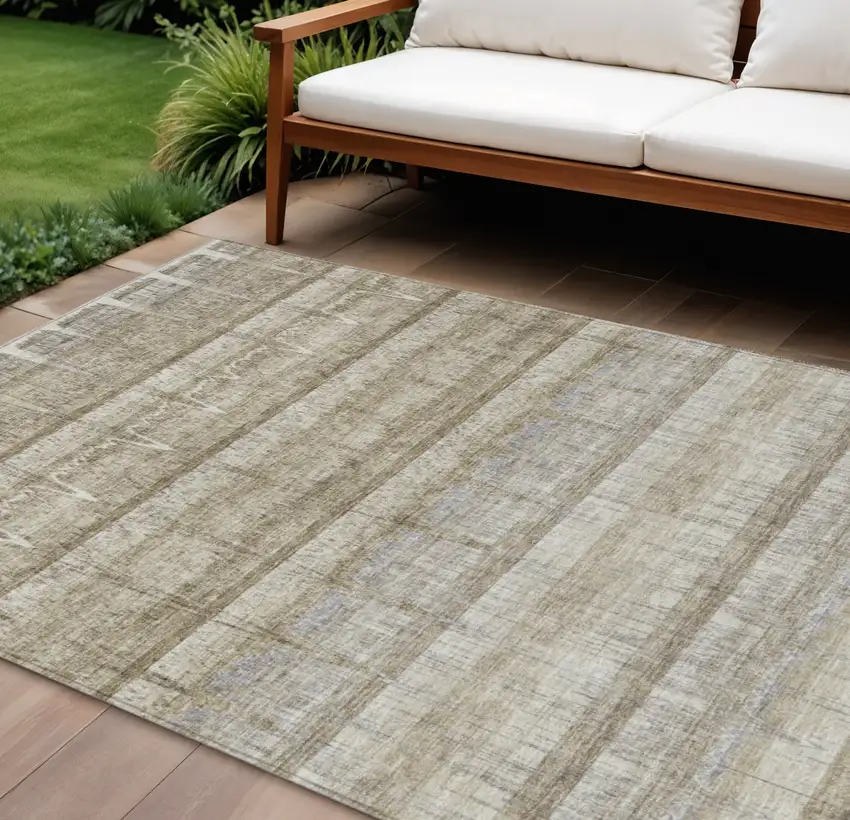 Taupe Gray And Beige Striped Washable Indoor Outdoor Area Rug Photo 1