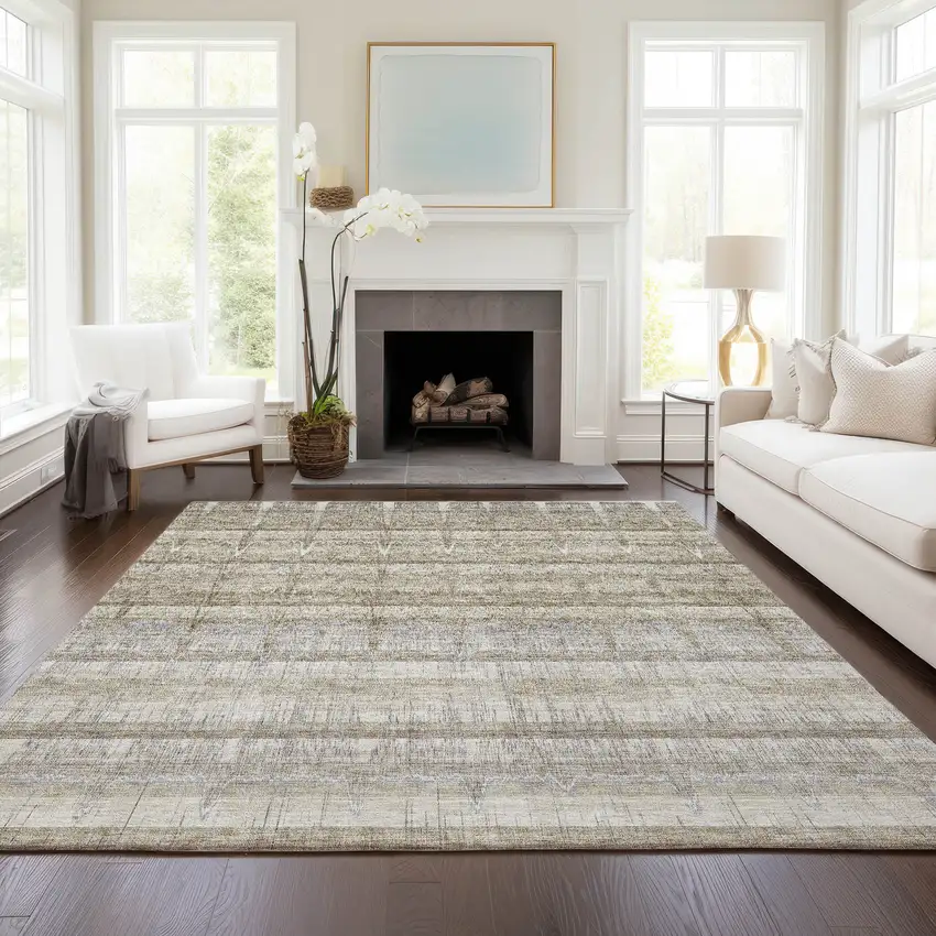 Taupe Gray And Beige Striped Washable Indoor Outdoor Area Rug Photo 6