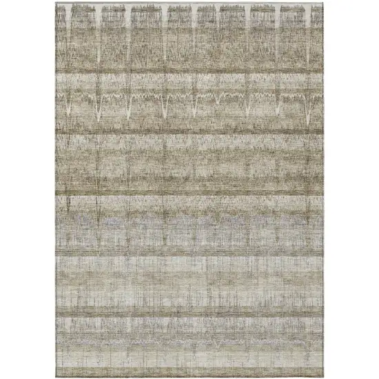 Taupe Gray And Beige Striped Washable Indoor Outdoor Area Rug Photo 1