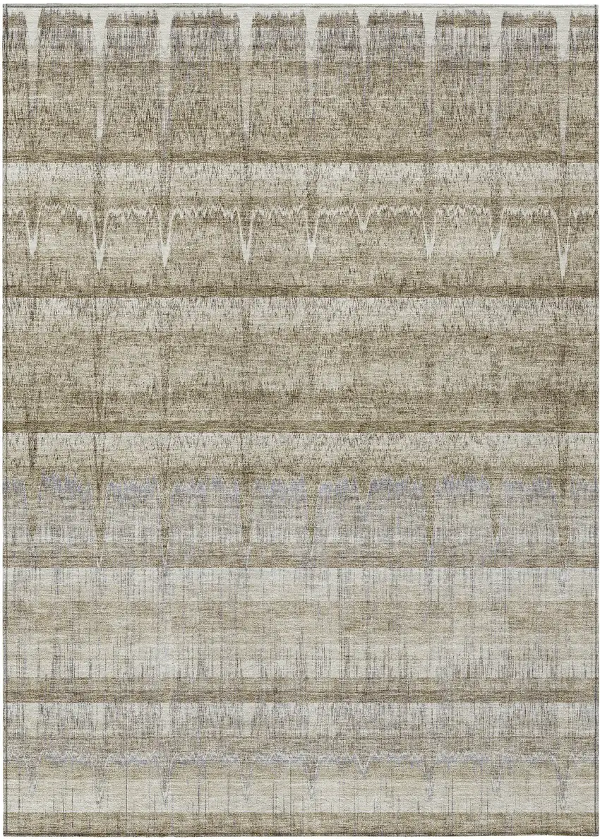Taupe Gray And Beige Striped Washable Indoor Outdoor Area Rug Photo 1