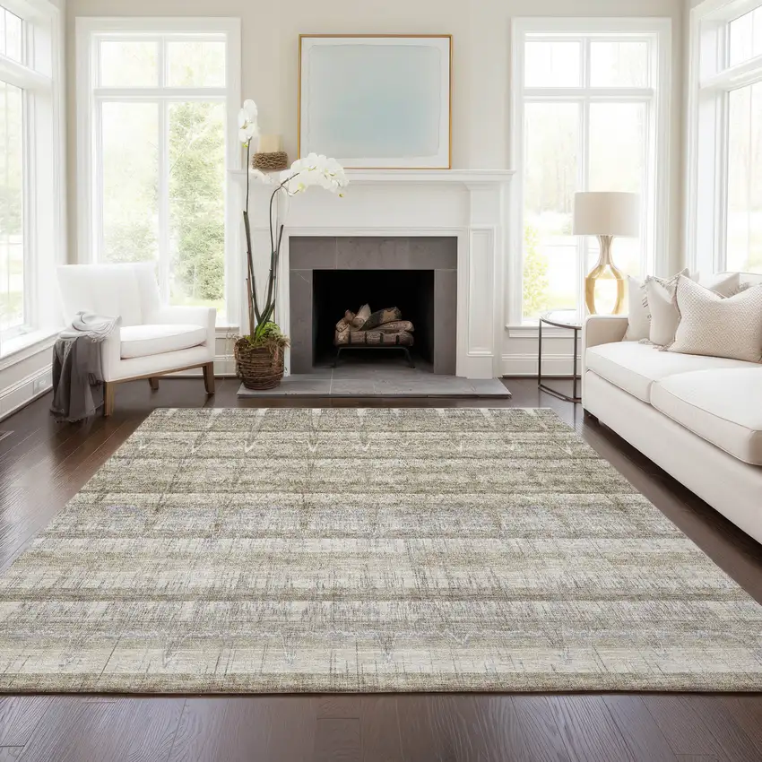 Taupe Gray And Beige Striped Washable Indoor Outdoor Area Rug Photo 6