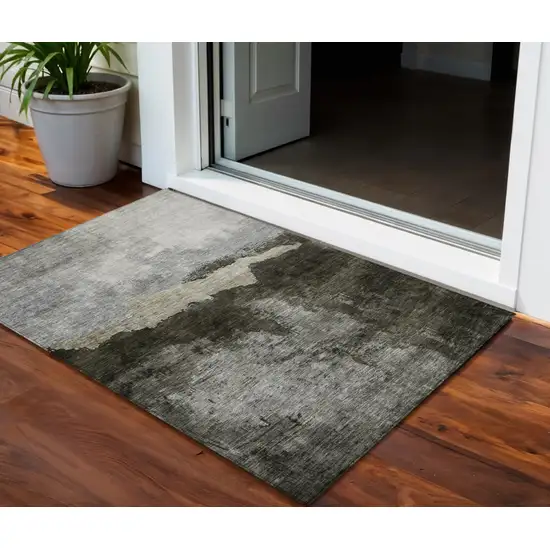 Taupe Gray And Black Abstract Washable Indoor Outdoor Area Rug Photo 1
