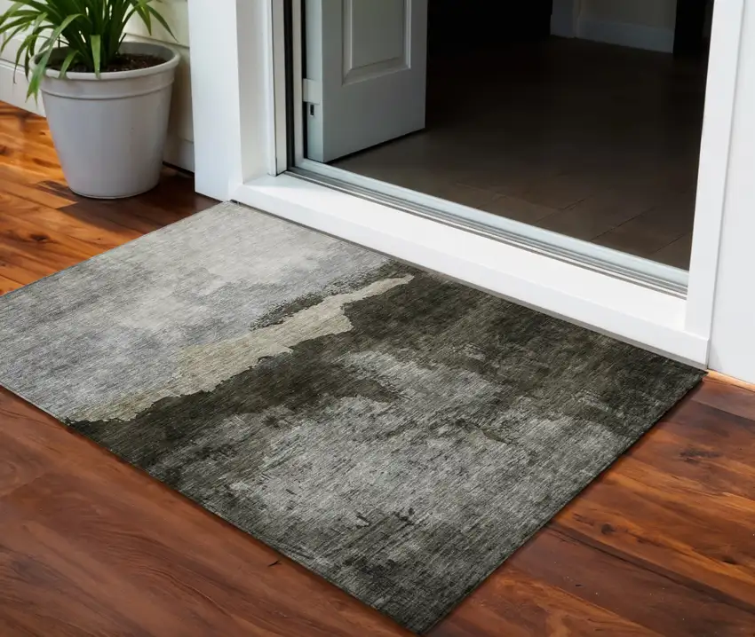 Taupe Gray And Black Abstract Washable Indoor Outdoor Area Rug Photo 1