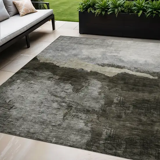 Taupe Gray And Black Abstract Washable Indoor Outdoor Area Rug Photo 1