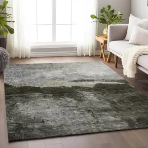 Photo of Taupe Gray And Black Abstract Washable Indoor Outdoor Area Rug