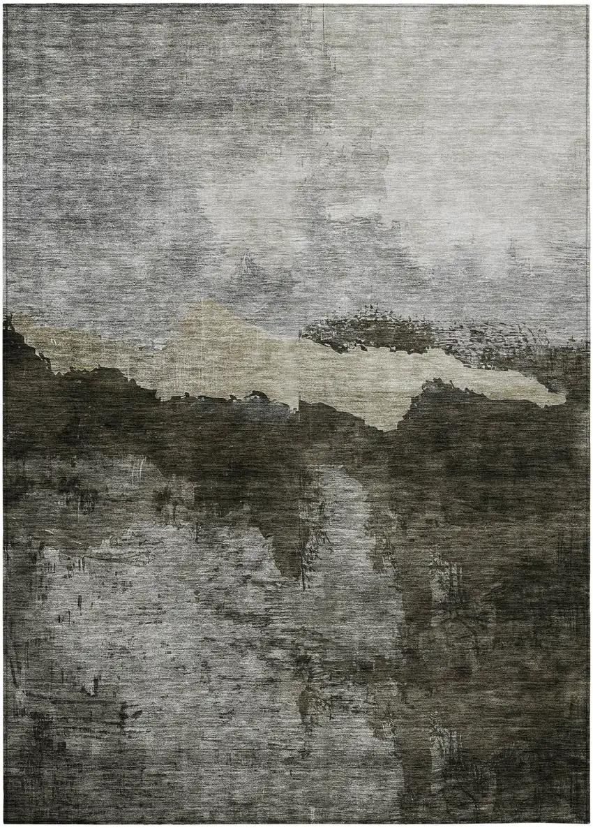 Taupe Gray And Black Abstract Washable Indoor Outdoor Area Rug Photo 2
