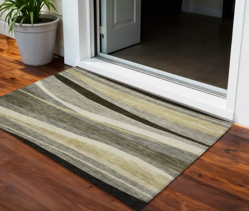 Taupe Gray And Black Abstract Washable Indoor Outdoor Area Rug Photo 1