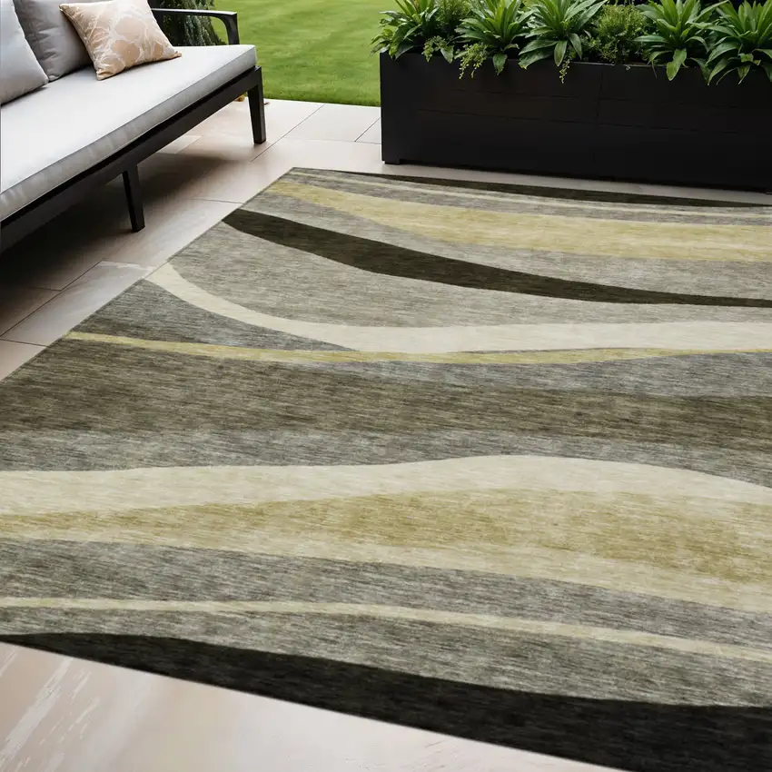 Taupe Gray And Black Abstract Washable Indoor Outdoor Area Rug Photo 1
