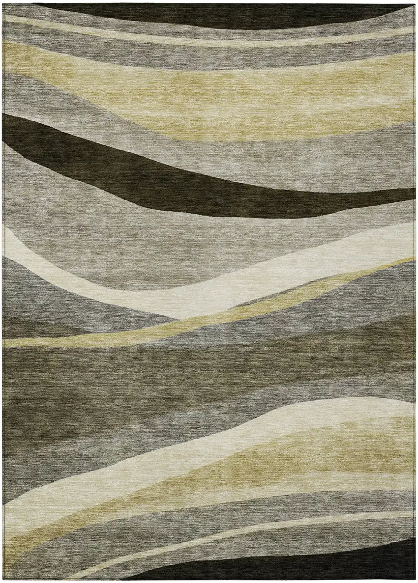 Taupe Gray And Black Abstract Washable Indoor Outdoor Area Rug Photo 2
