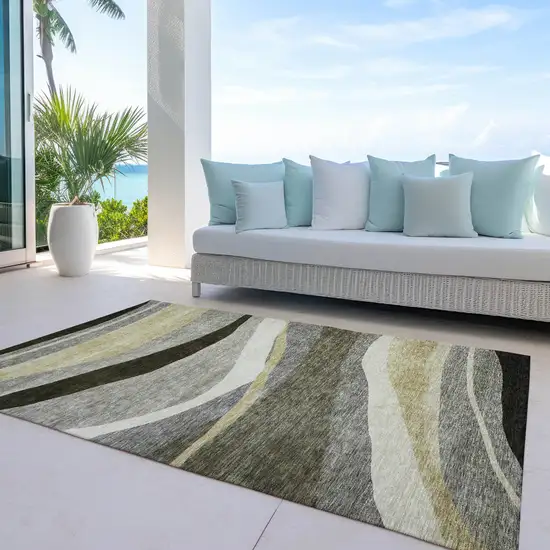 Taupe Gray And Black Abstract Washable Indoor Outdoor Area Rug Photo 7