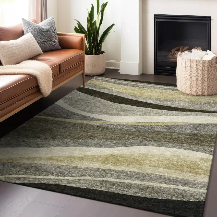 Taupe Gray And Black Abstract Washable Indoor Outdoor Area Rug Photo 8
