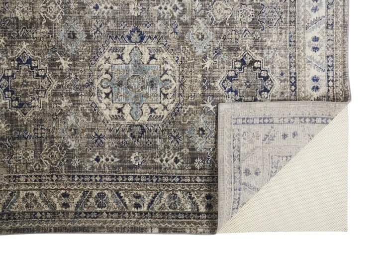 Taupe Gray And Blue Floral Stain Resistant Area Rug Photo 1