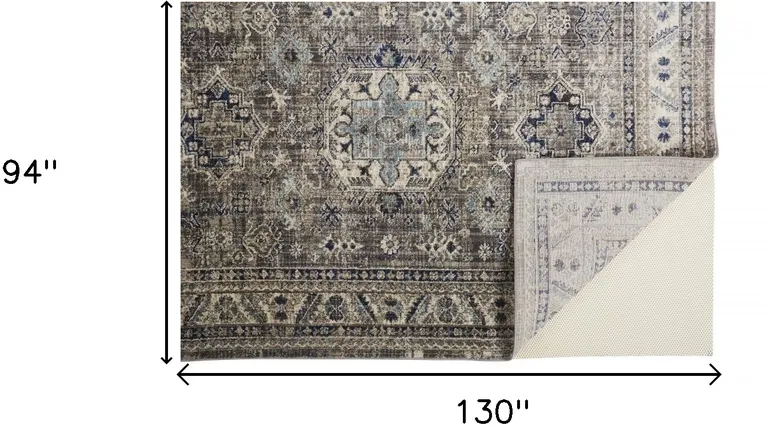 Taupe Gray And Blue Floral Stain Resistant Area Rug Photo 4
