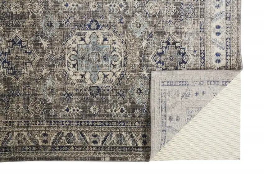 Taupe Gray And Blue Floral Stain Resistant Area Rug Photo 2