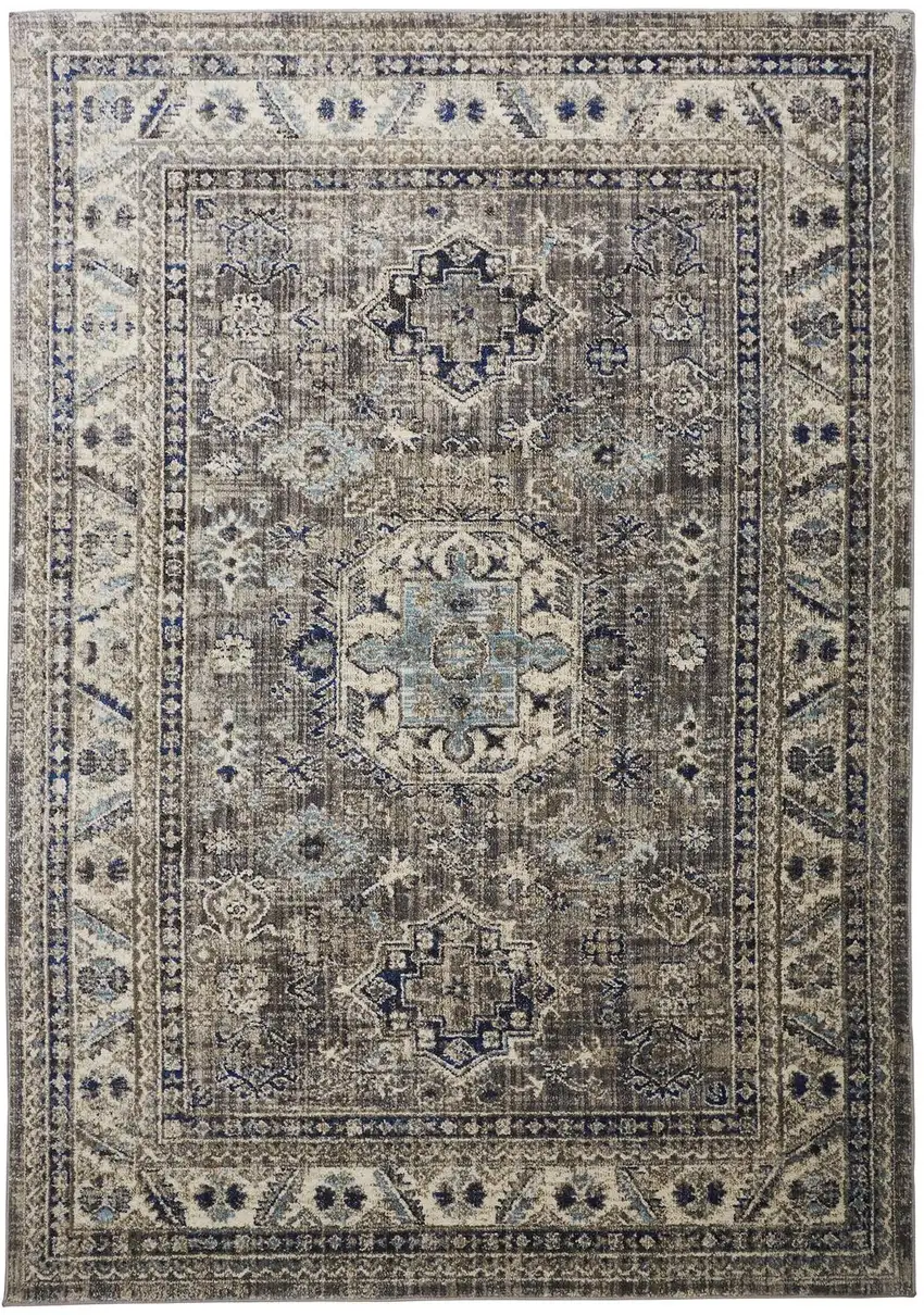 Taupe Gray And Blue Floral Stain Resistant Area Rug Photo 1