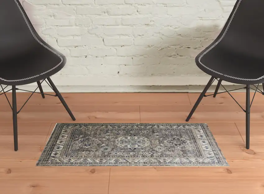 Taupe Gray And Blue Floral Stain Resistant Area Rug Photo 4