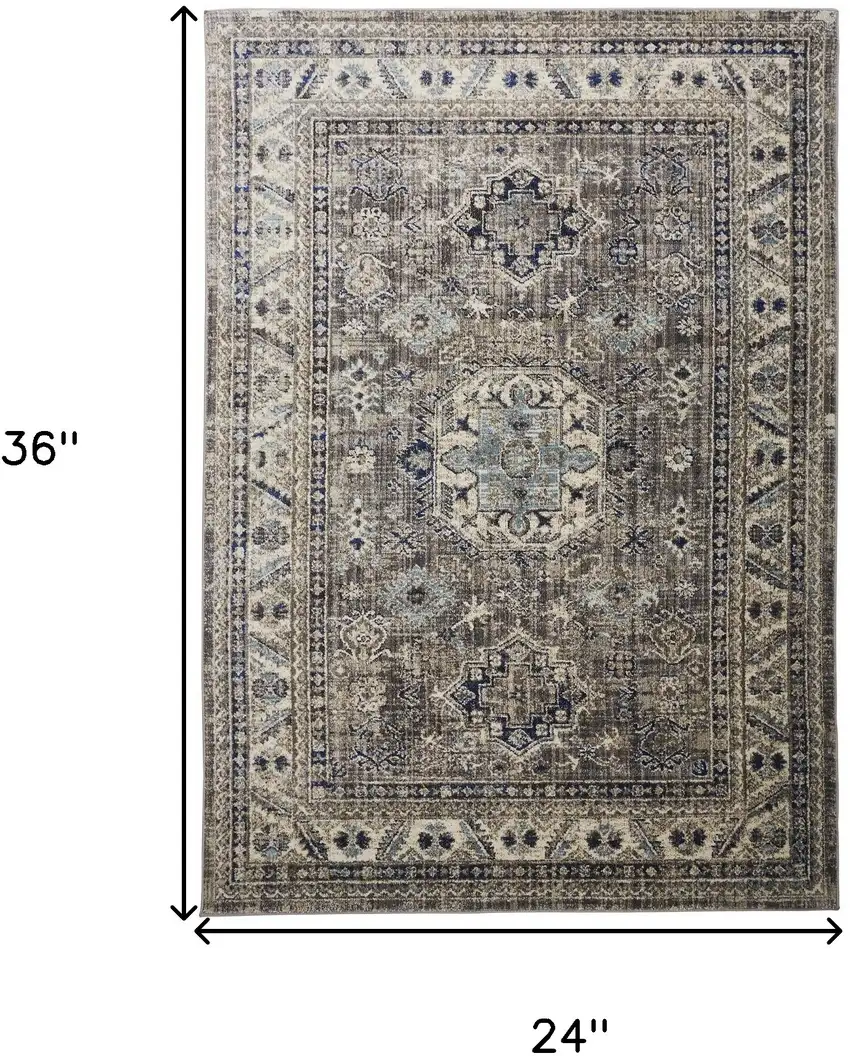 Taupe Gray And Blue Floral Stain Resistant Area Rug Photo 8
