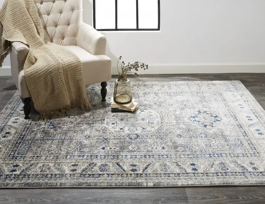 Taupe Gray And Blue Floral Stain Resistant Area Rug Photo 7