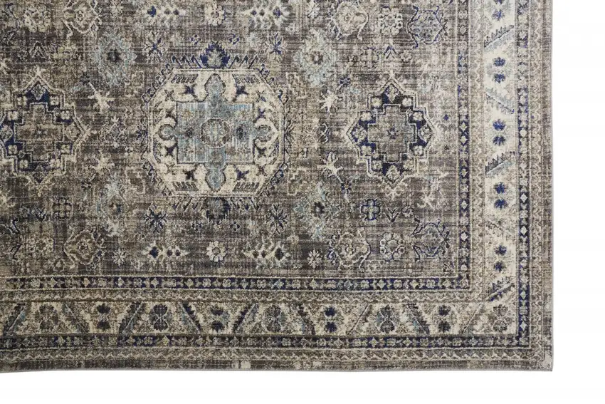 Taupe Gray And Blue Floral Stain Resistant Area Rug Photo 3