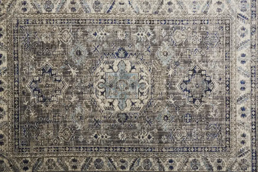 Taupe Gray And Blue Floral Stain Resistant Area Rug Photo 6