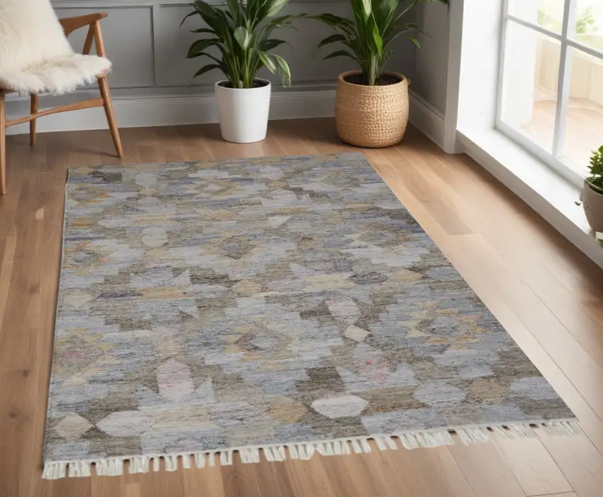 Gray and Blue Geometric Hand Woven Area Rug With Fringe Photo 1