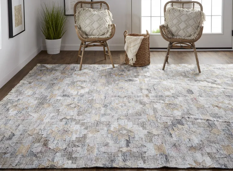 Taupe Gray And Blue Geometric Hand Woven Stain Resistant Area Rug With Fringe Photo 5
