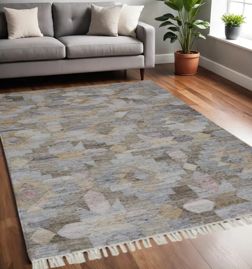 Gray and Blue Geometric Hand Woven Area Rug With Fringe Photo 1