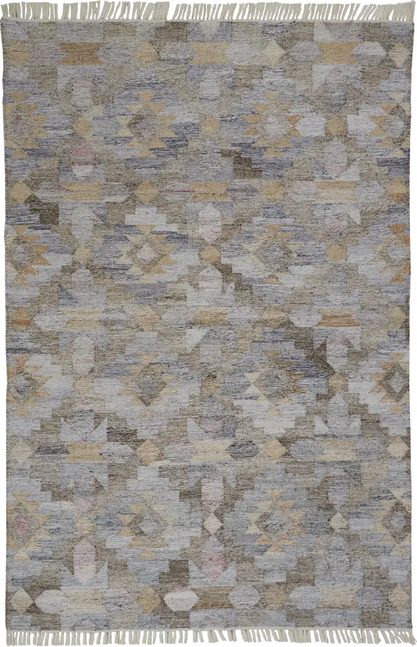 Taupe Gray And Blue Geometric Hand Woven Stain Resistant Area Rug With Fringe Photo 4