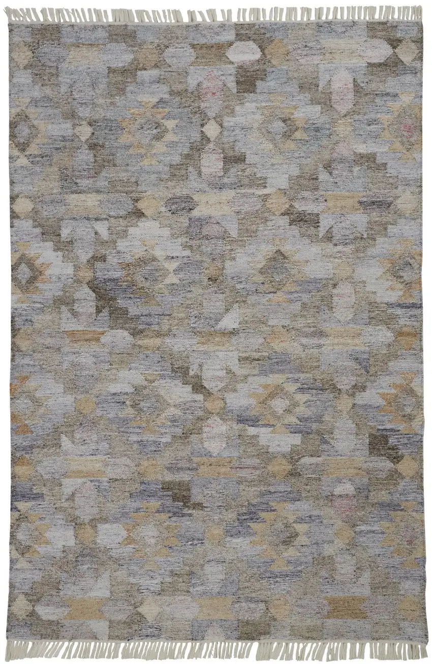 Taupe Gray And Blue Geometric Hand Woven Stain Resistant Area Rug With Fringe Photo 2