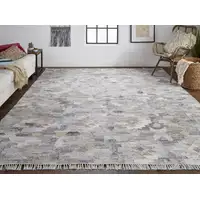 Photo of Taupe Gray And Blue Geometric Hand Woven Stain Resistant Area Rug With Fringe