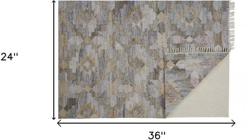 Taupe Gray And Blue Geometric Hand Woven Stain Resistant Area Rug With Fringe Photo 9