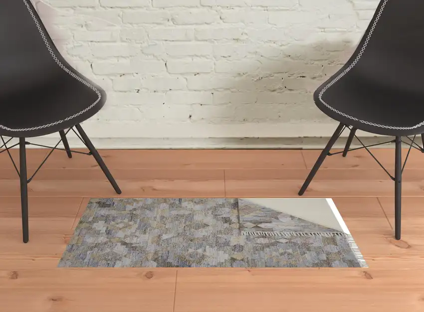 Taupe Gray And Blue Geometric Hand Woven Stain Resistant Area Rug With Fringe Photo 3
