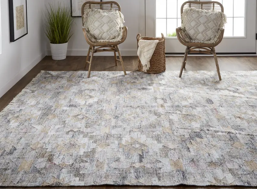 Taupe Gray And Blue Geometric Hand Woven Stain Resistant Area Rug With Fringe Photo 6