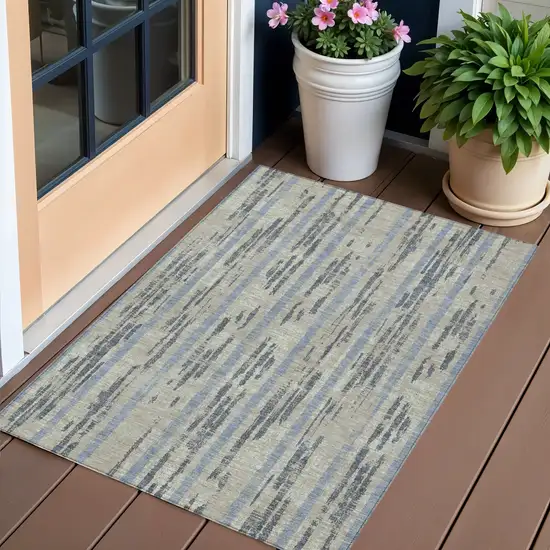 Taupe Gray And Blue Striped Washable Indoor Outdoor Area Rug Photo 1