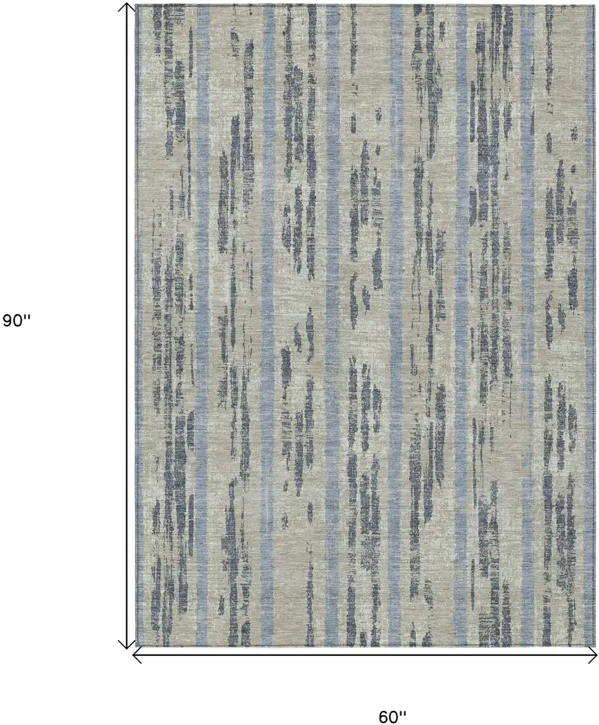 Taupe Gray And Blue Striped Washable Indoor Outdoor Area Rug Photo 3