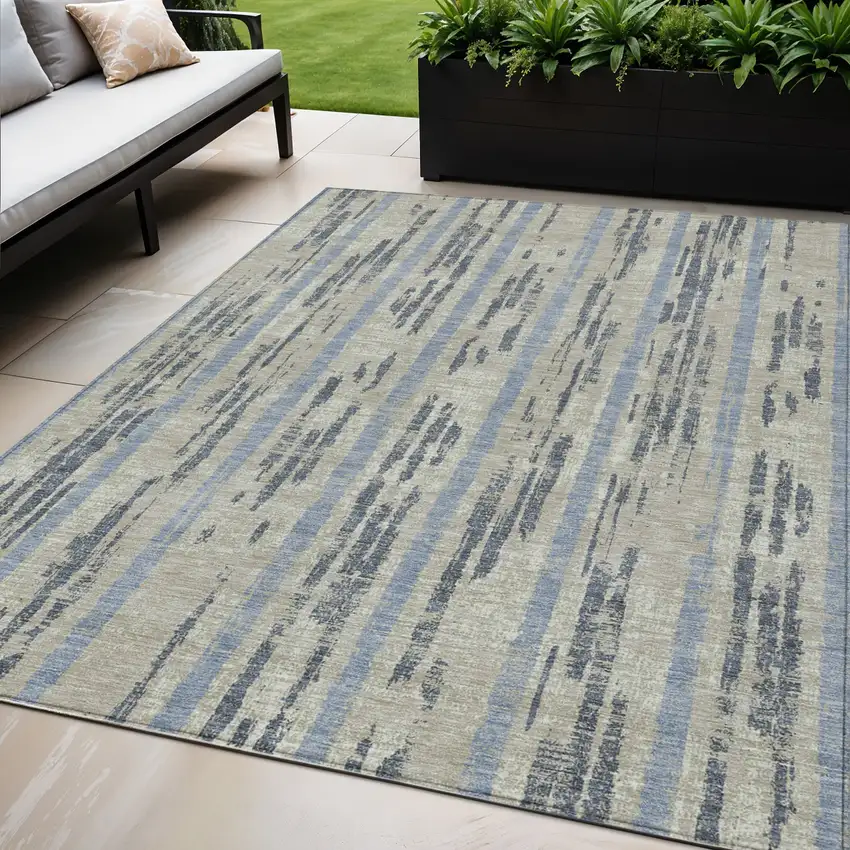 Taupe Gray And Blue Striped Washable Indoor Outdoor Area Rug Photo 1