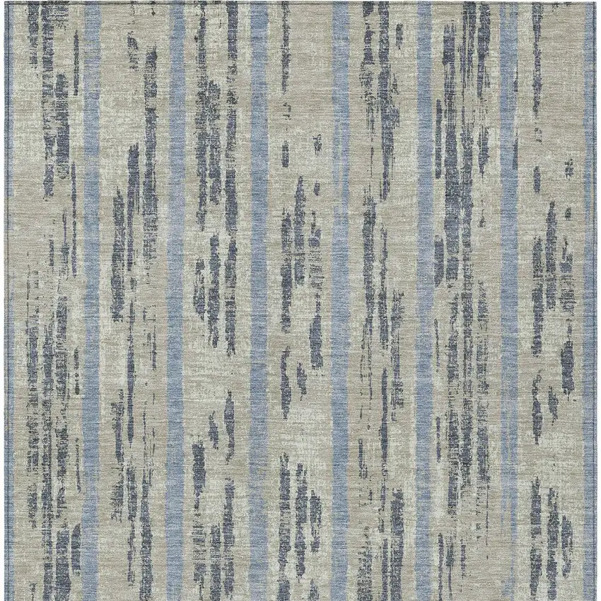 Taupe Gray And Blue Striped Washable Indoor Outdoor Area Rug Photo 7