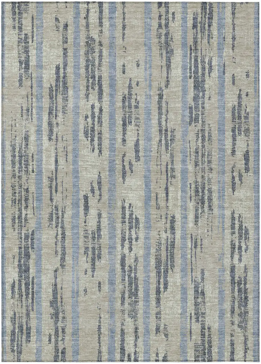 Taupe Gray And Blue Striped Washable Indoor Outdoor Area Rug Photo 2