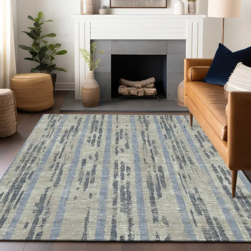 Taupe Gray And Blue Striped Washable Indoor Outdoor Area Rug Photo 9