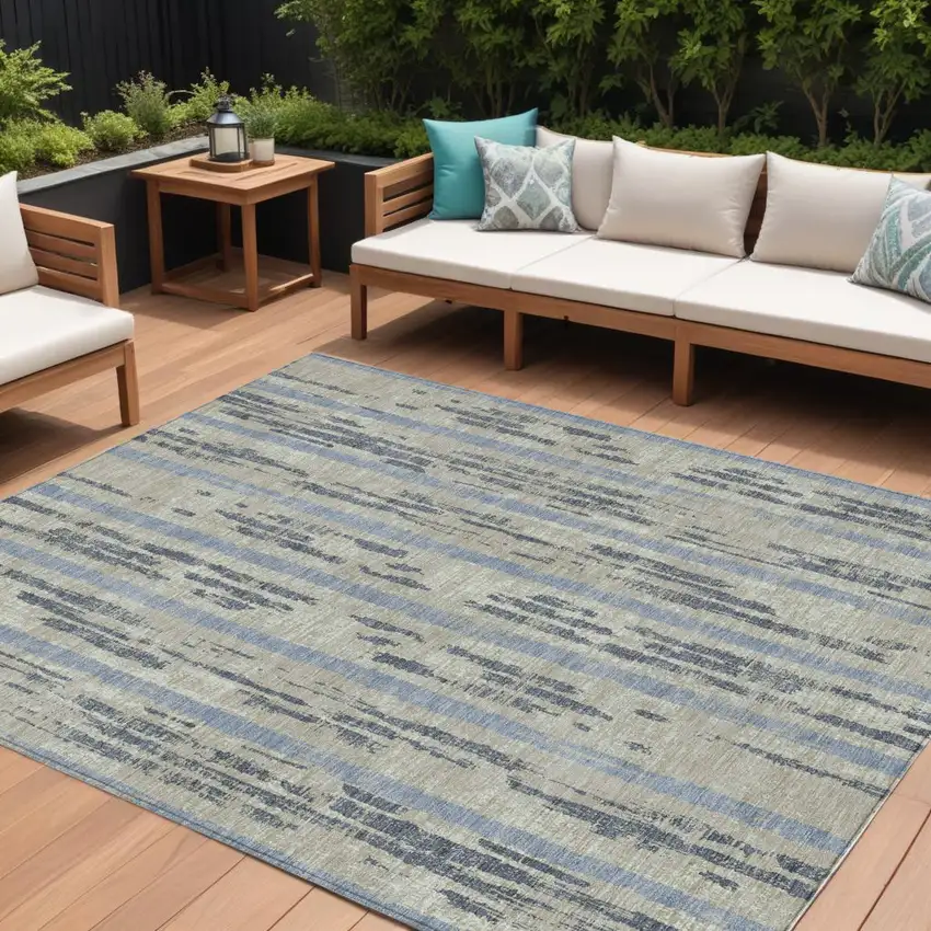 Taupe Gray And Blue Striped Washable Indoor Outdoor Area Rug Photo 1