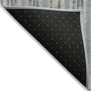Photo of Taupe Gray And Blue Striped Washable Indoor Outdoor Area Rug