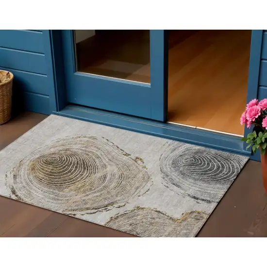 Taupe Gray And Brown Abstract Washable Indoor Outdoor Area Rug Photo 1
