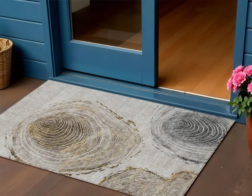 Taupe Gray And Brown Abstract Washable Indoor Outdoor Area Rug Photo 1