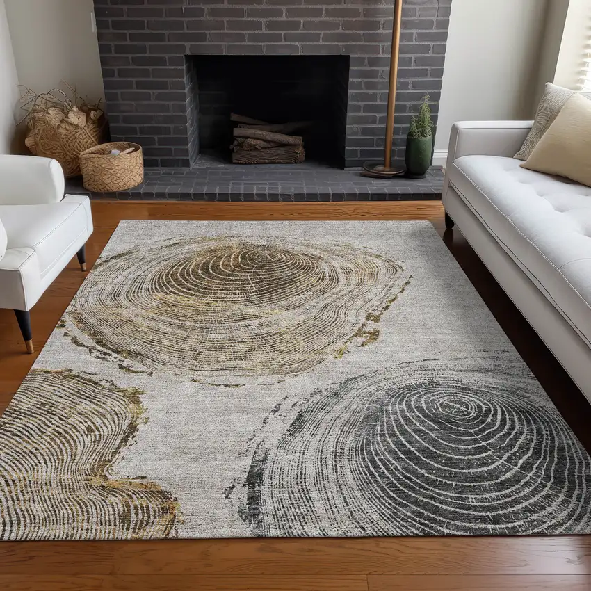 Taupe Gray And Brown Abstract Washable Indoor Outdoor Area Rug Photo 8
