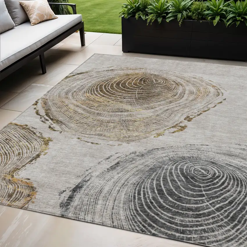 Taupe Gray And Brown Abstract Washable Indoor Outdoor Area Rug Photo 1