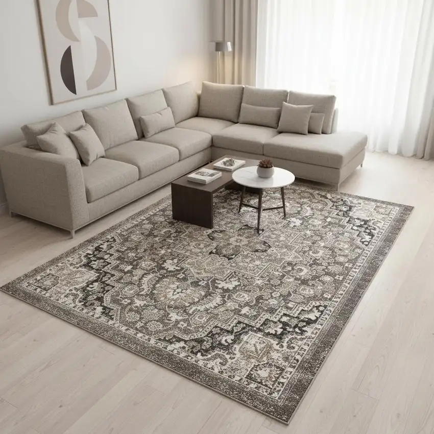 Taupe Gray And Brown Medallion Area Rug Photo 1