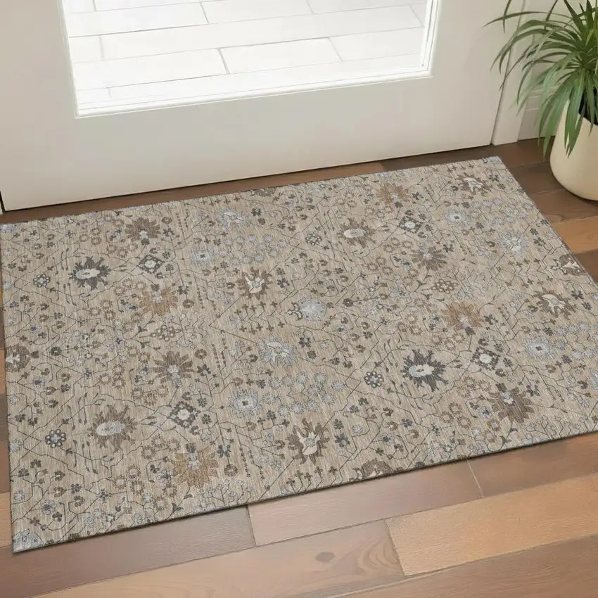 Taupe Gray And Brown Oriental Washable Area Rug With UV Protection Photo 1
