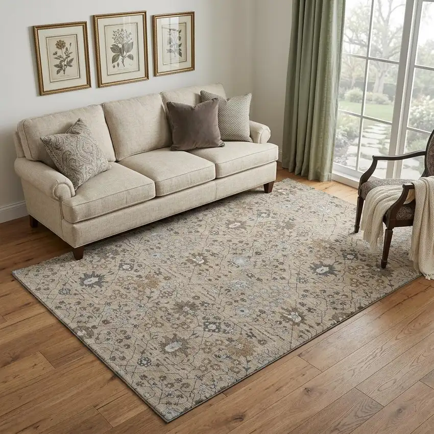 Taupe Gray And Brown Oriental Washable Area Rug With UV Protection Photo 1